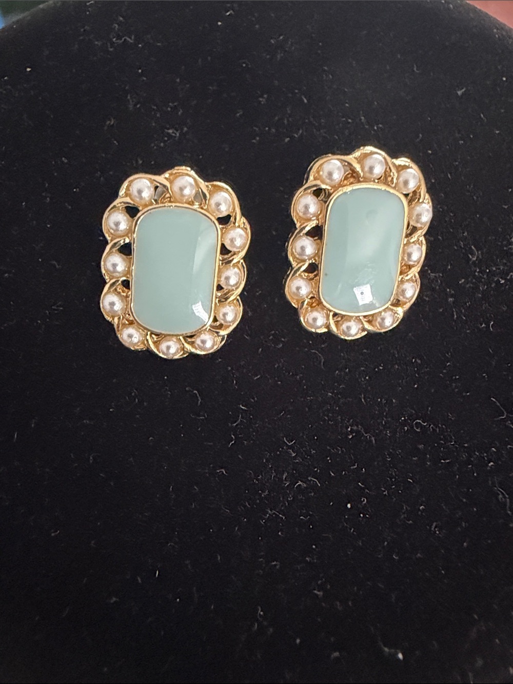 Gold-Plated Mint Green Enamel Earrings with Pearl Accents